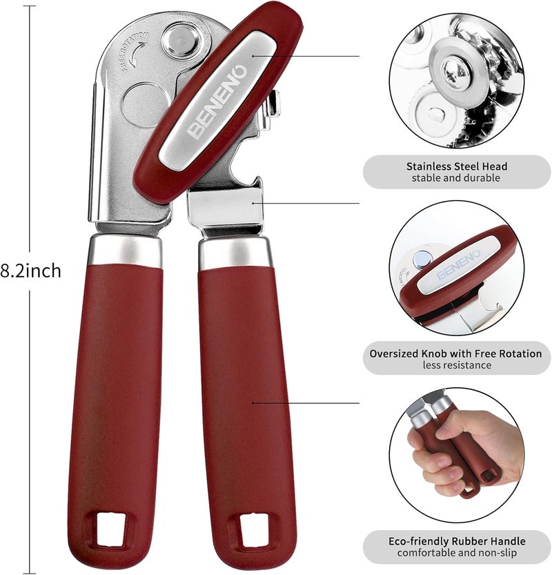 Beneno Heavy Duty Hand Can Opener Manual with Magnet, Durable Sharp Carbon Steel Blade Smooth Cutting, Big Effort-Saving Knob & Soft Grip Handle, Multifunctional Kitchen Tool with Bottle Opener, Red - Image 2